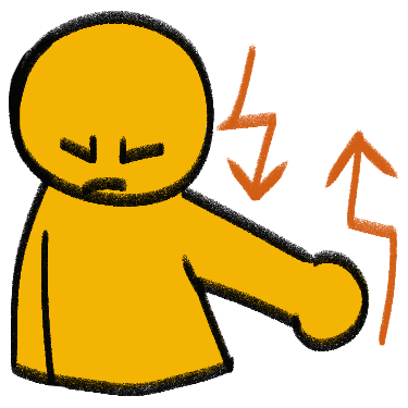 A yellow person with squeezed shut eyes looking down and lifting their arm. There are orange zig zag arrows going down next to their head, and up next to their arm.